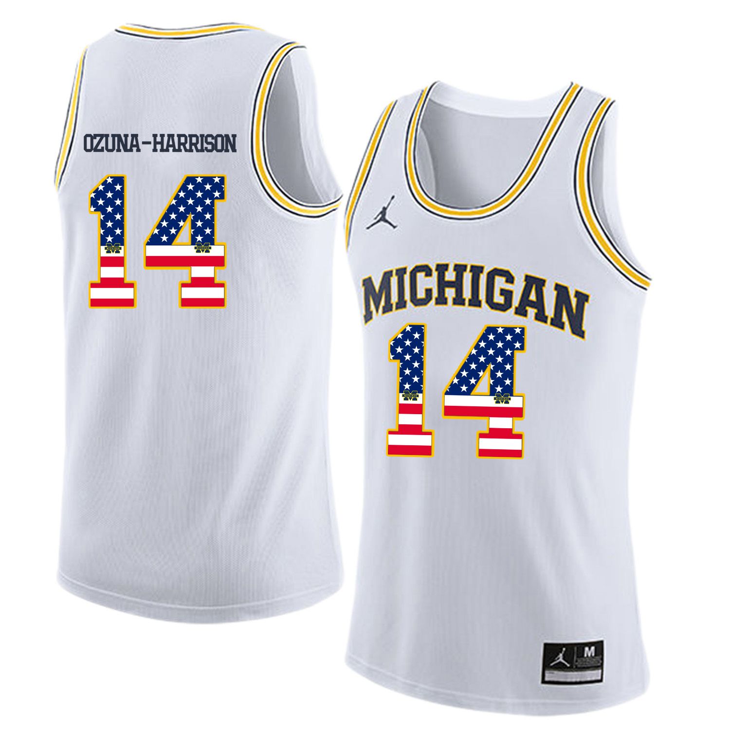 Men Jordan University of Michigan Basketball White 14 Ozuna-Harrison Flag Customized NCAA Jerseys